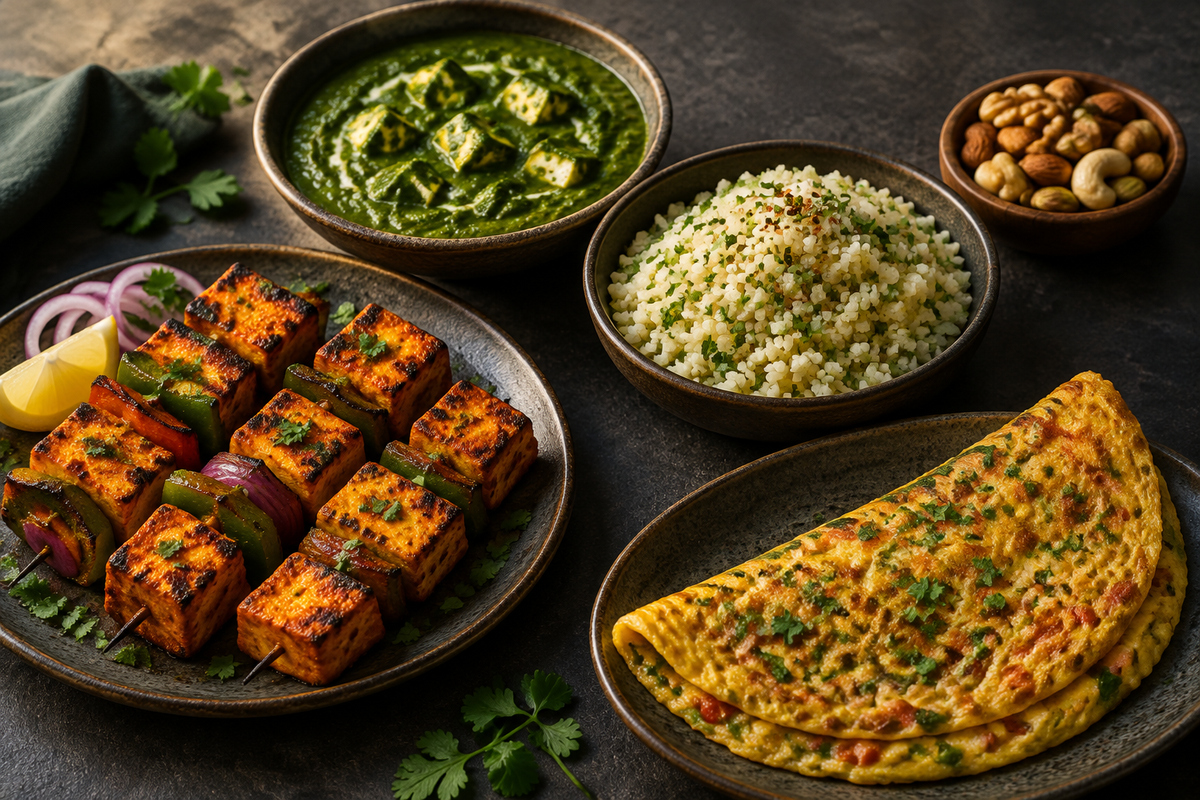 Indian keto spread with paneer tikka, cauliflower rice, palak, omelette and nuts