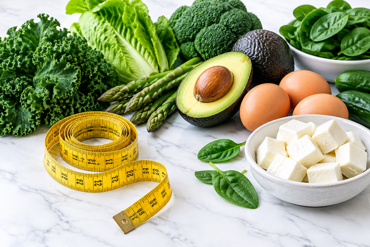 Measuring tape beside fresh vegetables, avocado, eggs and paneer