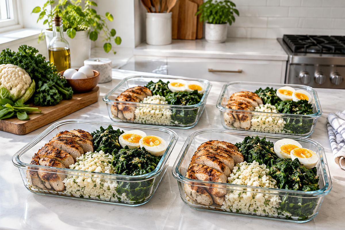 Keto meal prep boxes with grilled chicken, cauliflower rice, greens and eggs