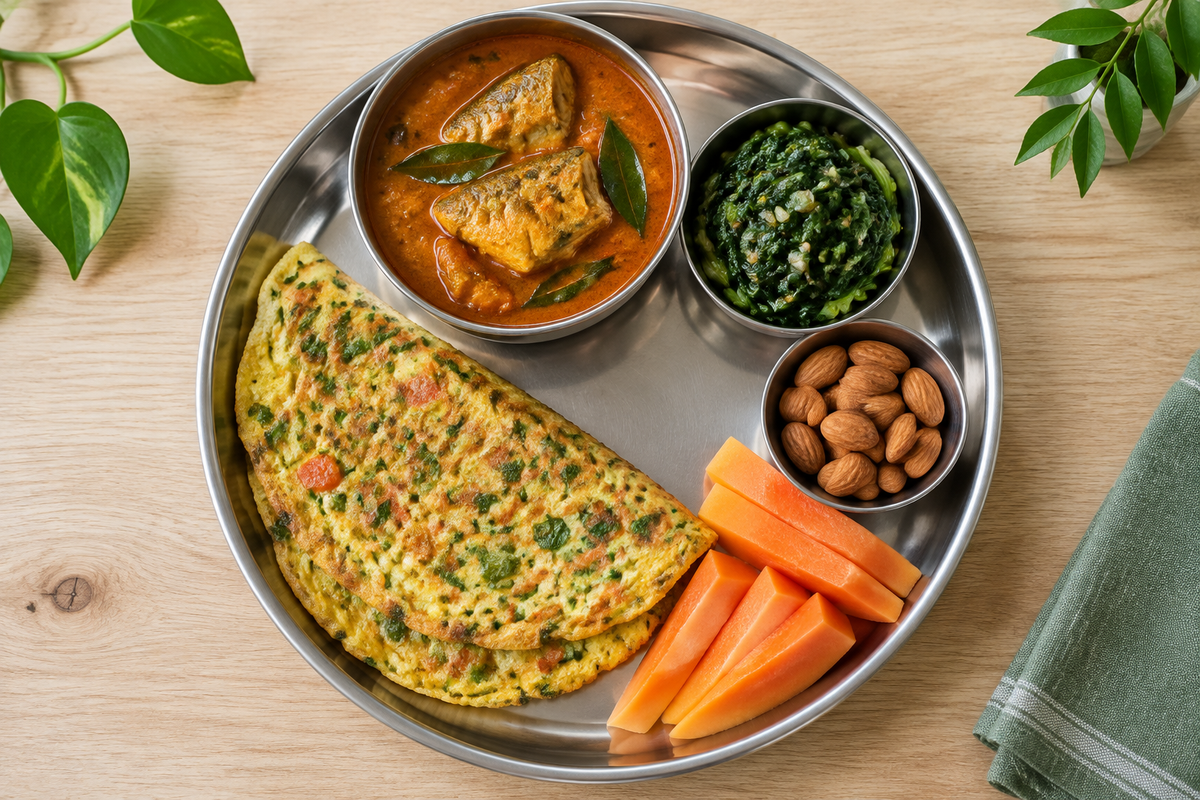 Steel thali with vegetable omelette, fish curry, greens, almonds and fruit for a paleo diet plan