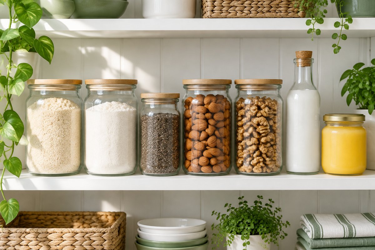 Pantry shelf with jars of almond flour, coconut flour, seeds, nuts, coconut oil and ghee