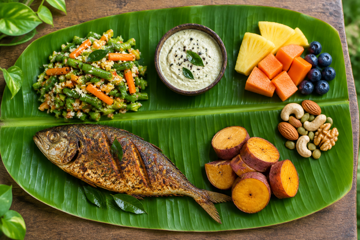 Paleo meal on a banana leaf with grilled fish, vegetables, sweet potato, fruit and nuts