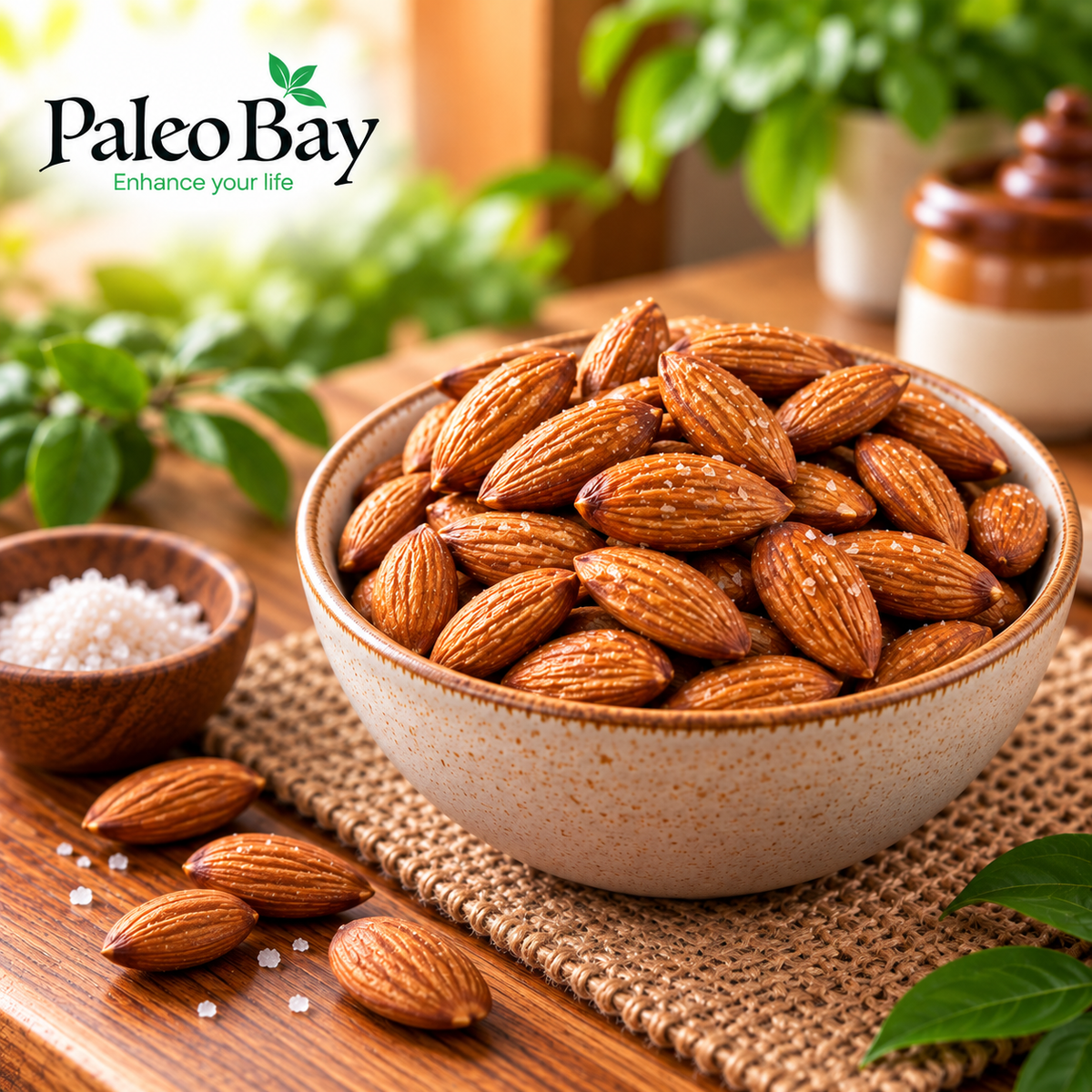 A ceramic bowl filled with roasted almonds sits on a woven placemat on a wooden table, with a small bowl of coarse salt nearby. The Paleo Bay logo appears in the upper left, and green leaves and kitchen items are softly blurred in the background.